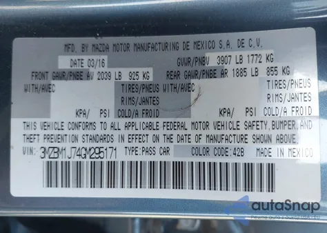 2016 Mazda Mazda3 I Sport из США, поврежденный, VIN 3MZBM1J74GM295171